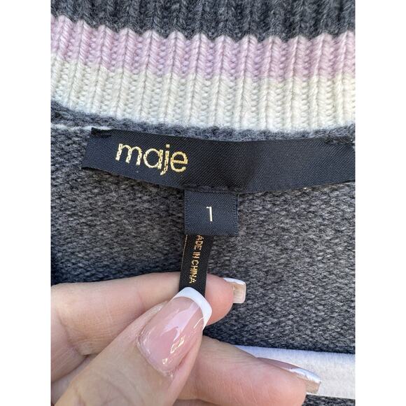 Maje Wool Varsity Cardigan Button Up Collegiate |Sz 1 US Small Grey Pink Preppy - Picture 4 of 15